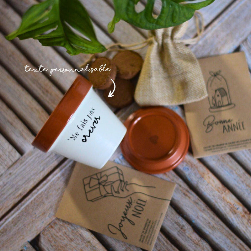 kit à planter pot graines, me fais pas crever, pot de fleur personnalisé, graines la fabrique à sachets, galettes fibres de coco, pot avec coupelle, cadeau original plant lover, idee cadeau plant addict joyeux noel bonne année